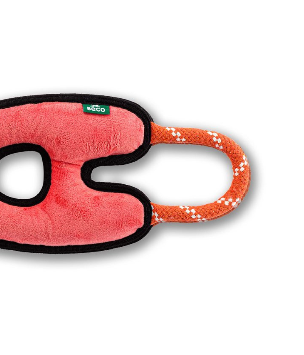 Dettaglio inserto in corda di cotone del gioco per cani a forma di orango. Sfondo bianco