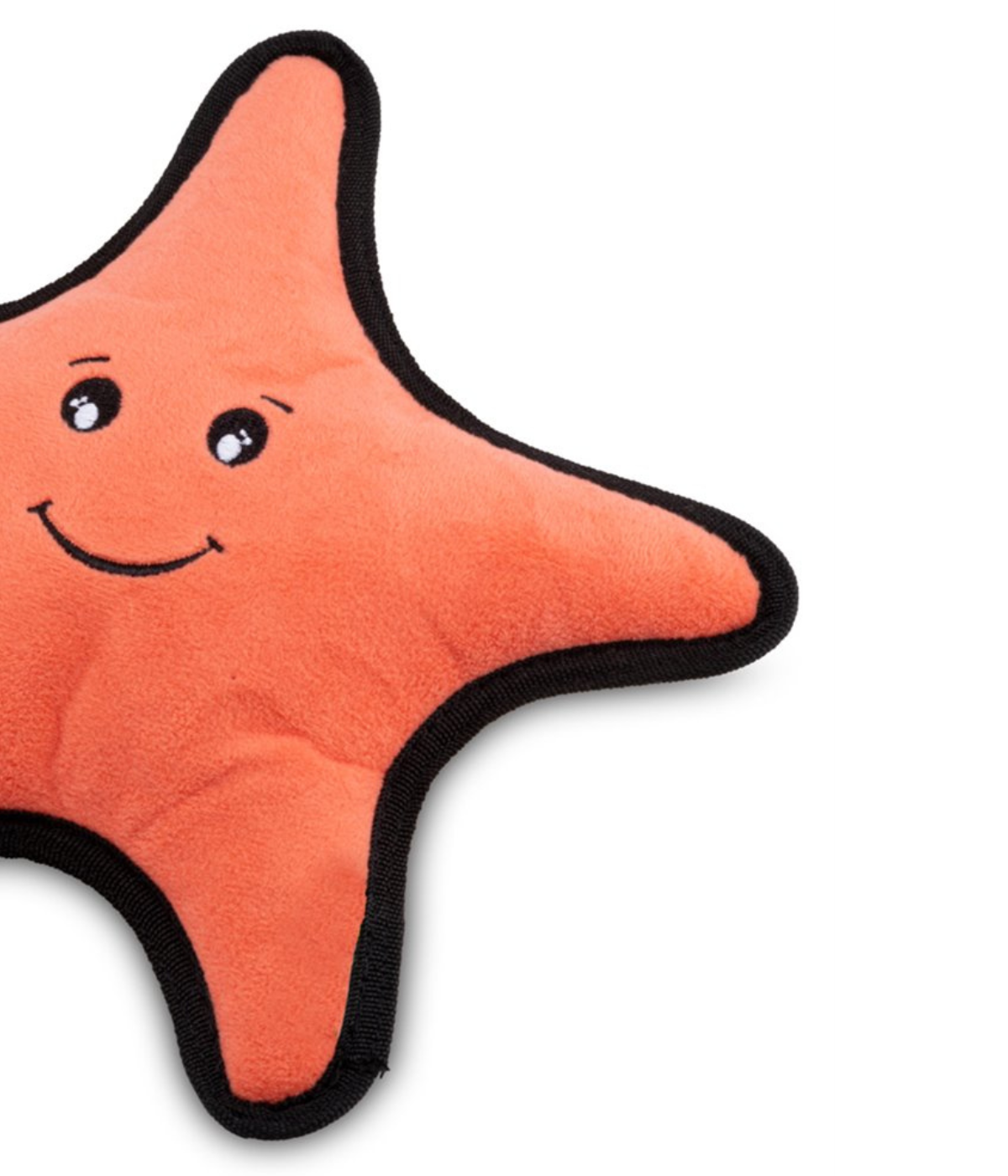 Dettaglio delle cuciture nere rinforzate del gioco per cani a forma di stella marina. Sfondo bianco