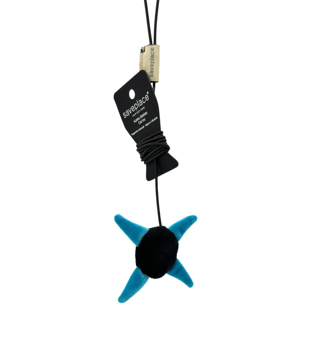 Gioco interattivo in peluche Ninja per gatti, a forma di  stella blu e nera con cordino. Sfondo bianco