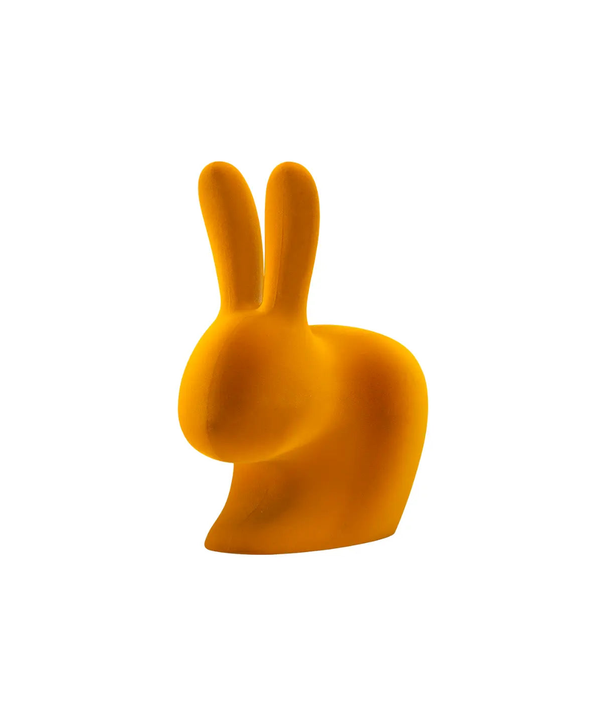 Dettaglio frontale sedia a forma di coniglio in velluto color senape. Immagine su sfondo bianco