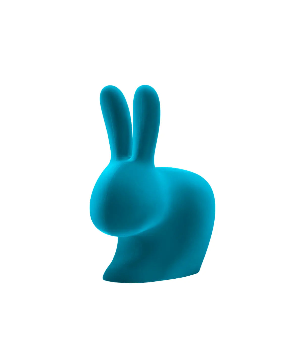 Dettaglio sedia a forma di coniglio in velluto color turchese. Immagine su sfondo bianco