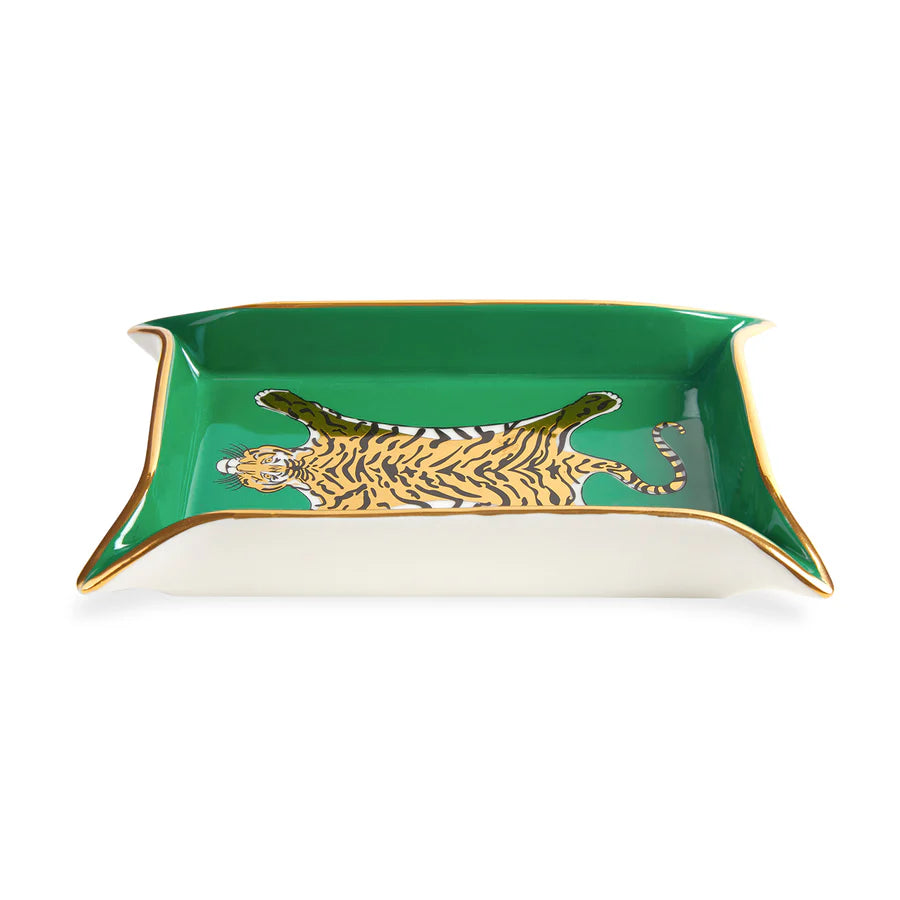 Vassoio verde con bordo bianco,  disegno pelle tigre. Dettaglio bordo in oro. Sfondo bianco