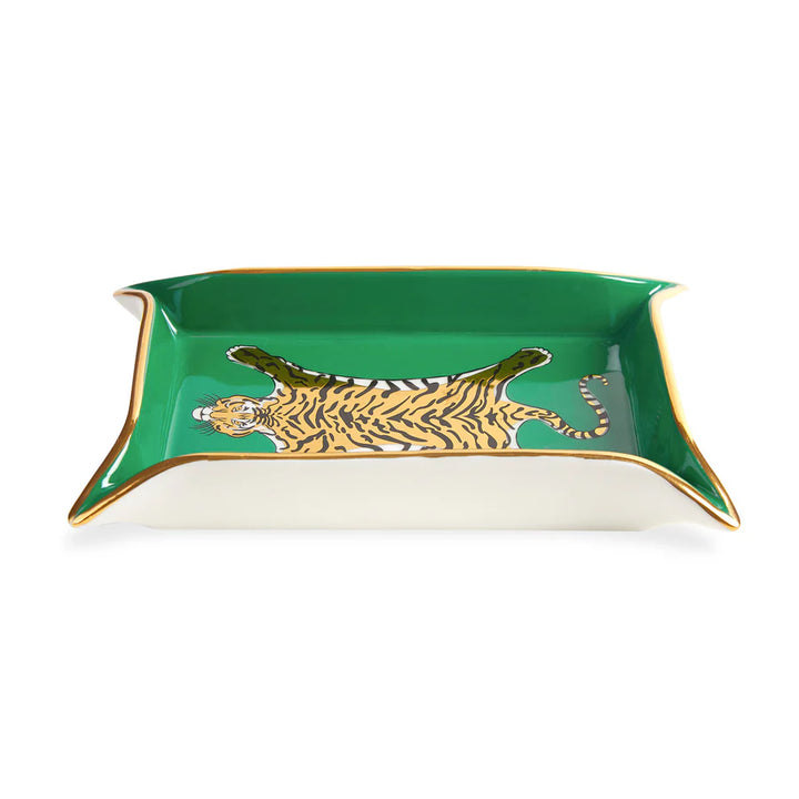 Vassoio verde con bordo bianco,  disegno pelle tigre. Dettaglio bordo in oro. Sfondo bianco