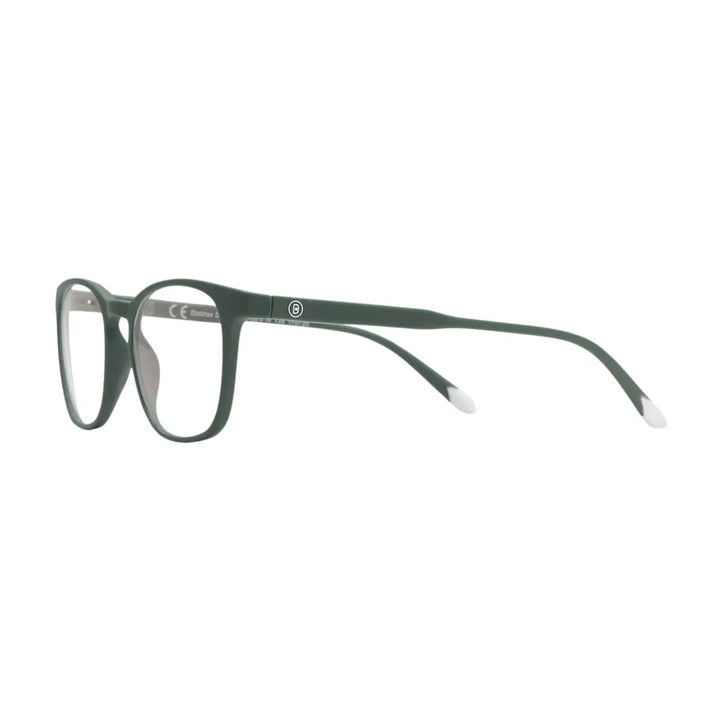 Dettaglio asta occhiali da lettura con finitura verde opaco. Marchio B, sfondo bianco