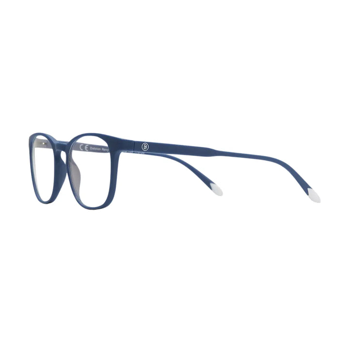 Dettaglio asta occhiali da lettura con finitura blu Navy opaca. Marchio B, sfondo bianco

