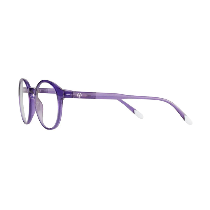 Dettaglio asta occhiali da lettura con finitura viola lucida. Marchio B, sfondo bianco
