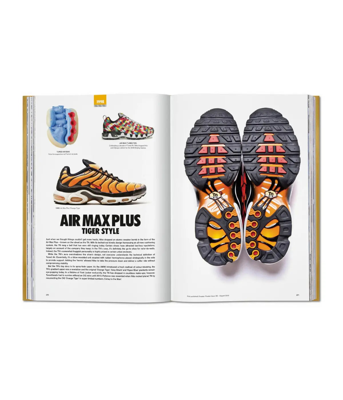 Due pagine bianche. Una con suole scarpe e una con modelli scarpe nike e scritte nere. Sfondo bianco