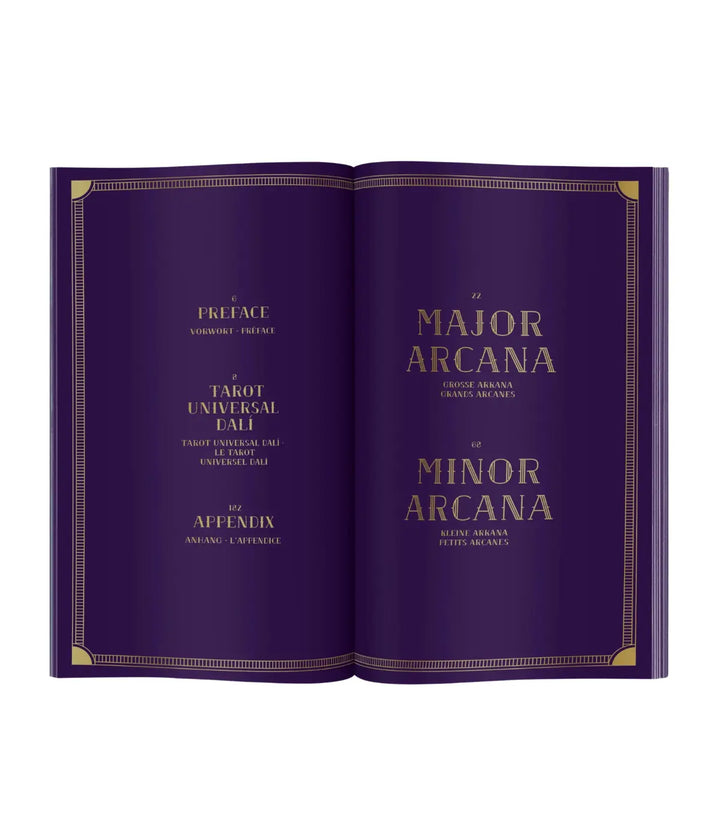 Due pagine sfondo viola con scritte color oro. Major arcana Minor Arcana. Sfondo bianco.