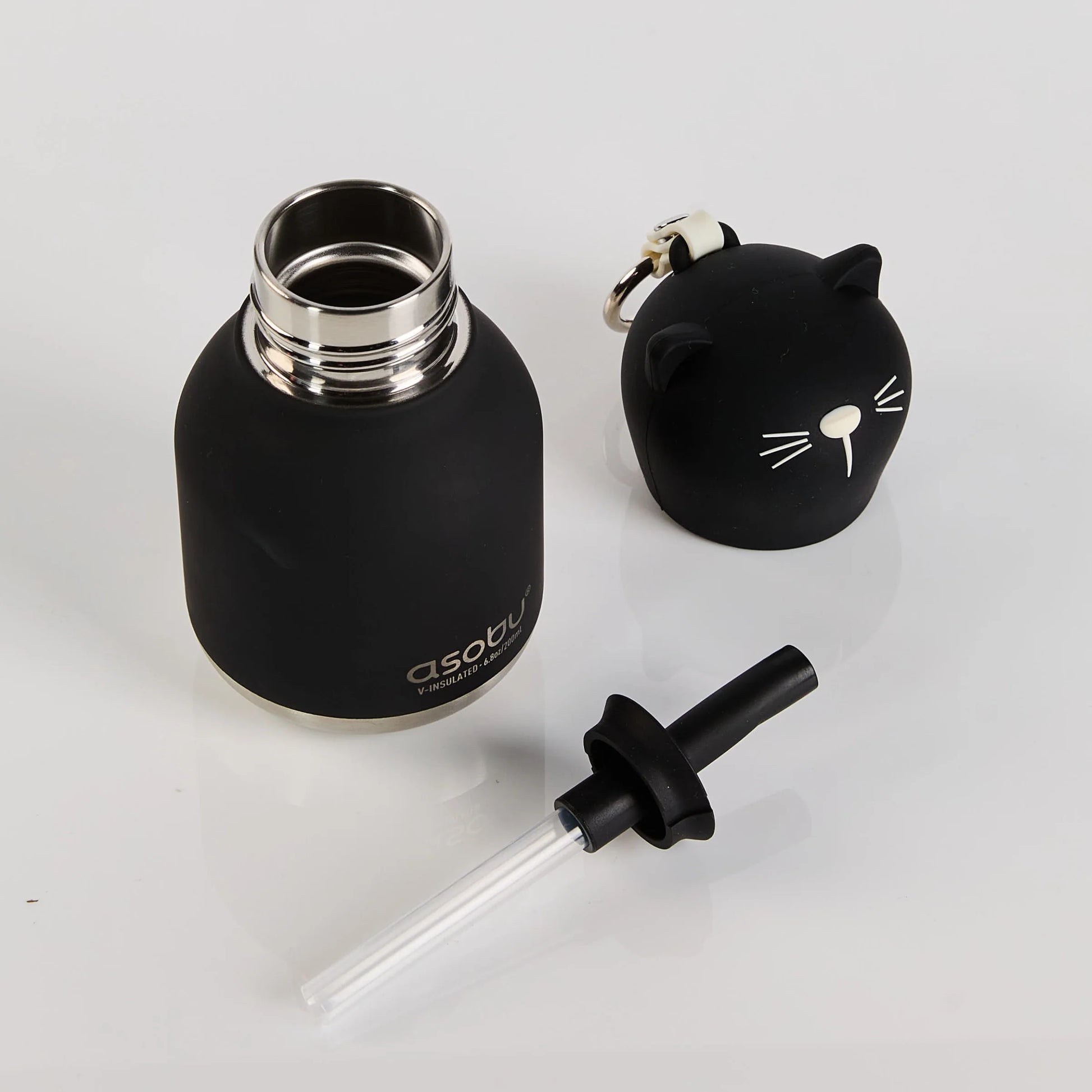 Mini borraccia termica con tappo decorativo a forma di gatto intercambiabile, con cannuccia interna