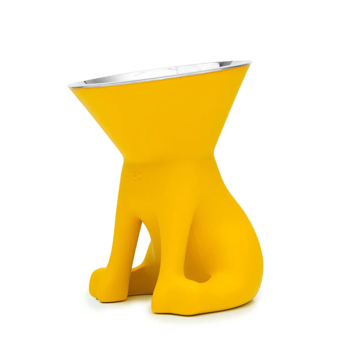 Ciotola rialzata gialla per cani Elizabeth per taglie medie e grandi a forma di cane con ciotola in acciaio vista laterale