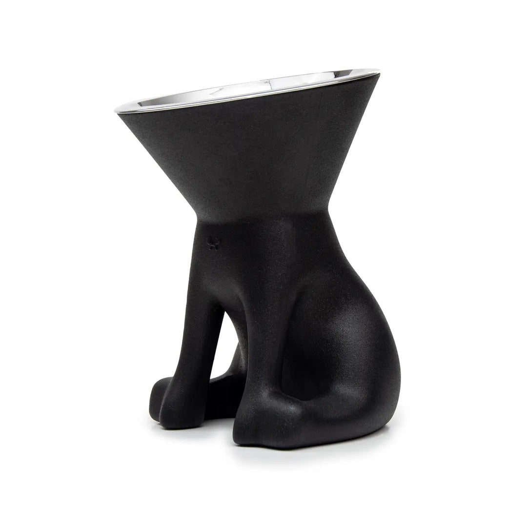 Ciotola rialzata nera per cani Elizabeth per taglie medie e grandi a forma di cane con ciotola in acciaio vista laterale