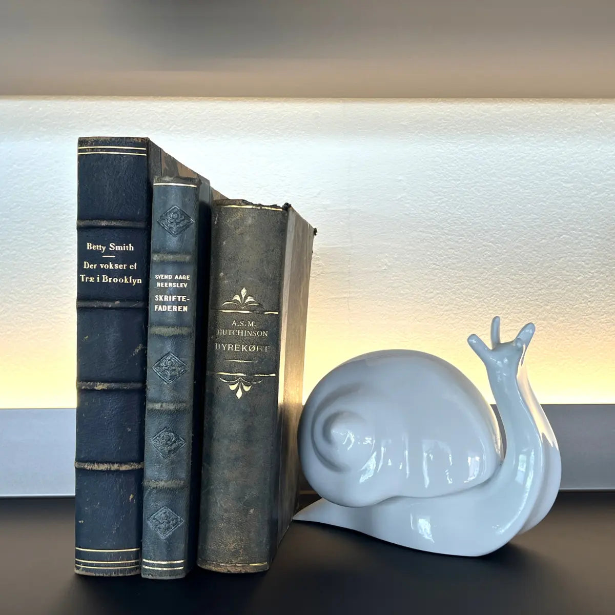 Fermalibri Nina a forma di lumaca laccata bianca appoggiata su una mensola nera accanto a dei libri antichi con copertine nere e blu.