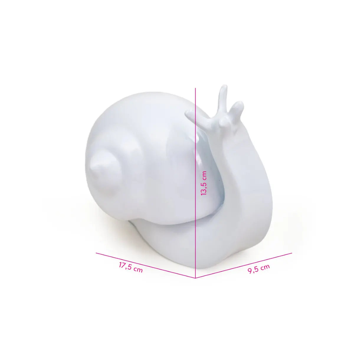 Fermalibri a forma di lumaca bianca laccata. In fucsia sono segnate le misure del fermalibri. Sfondo bianco 