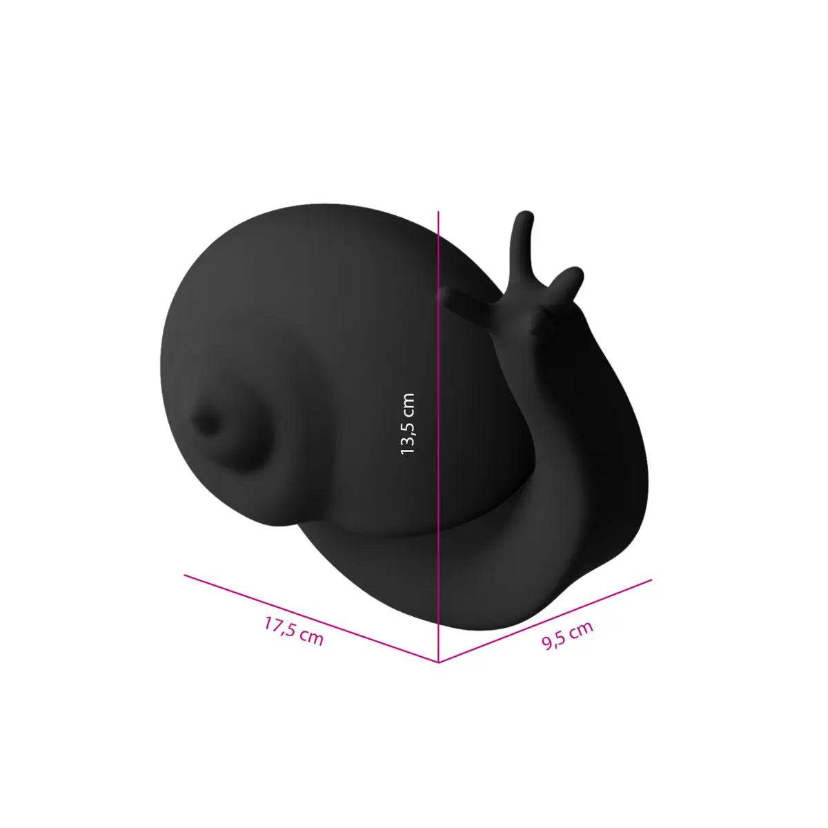 Fermalibri Nina a forma di lumaca nera opaca. Misure segnate in fucsia. Sfondo bianco 