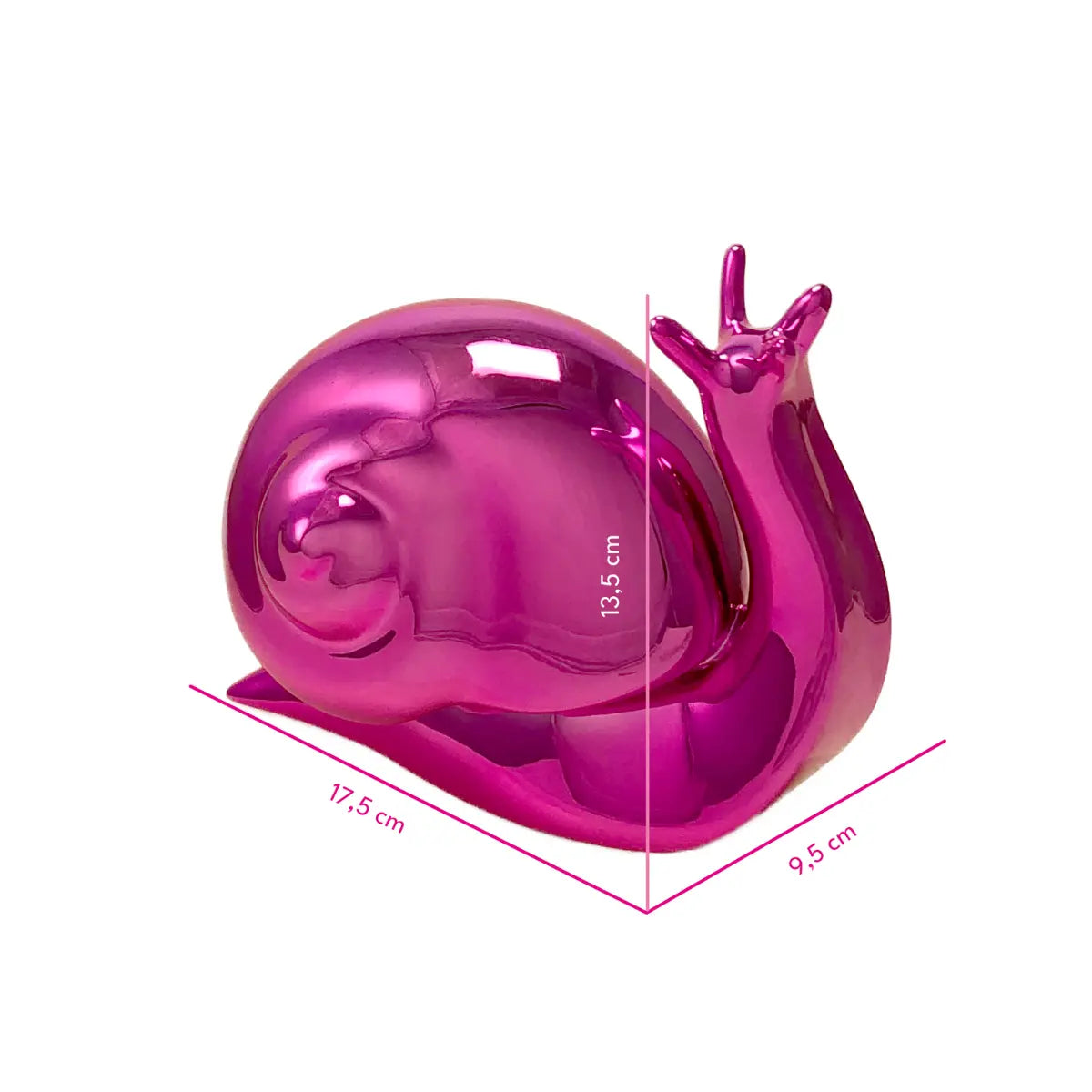 Fermalibri Nina a forma di lumaca Cromata color fucsia. Le misure del fermalibri sono segnate in fucsia. Sfondo bianco 