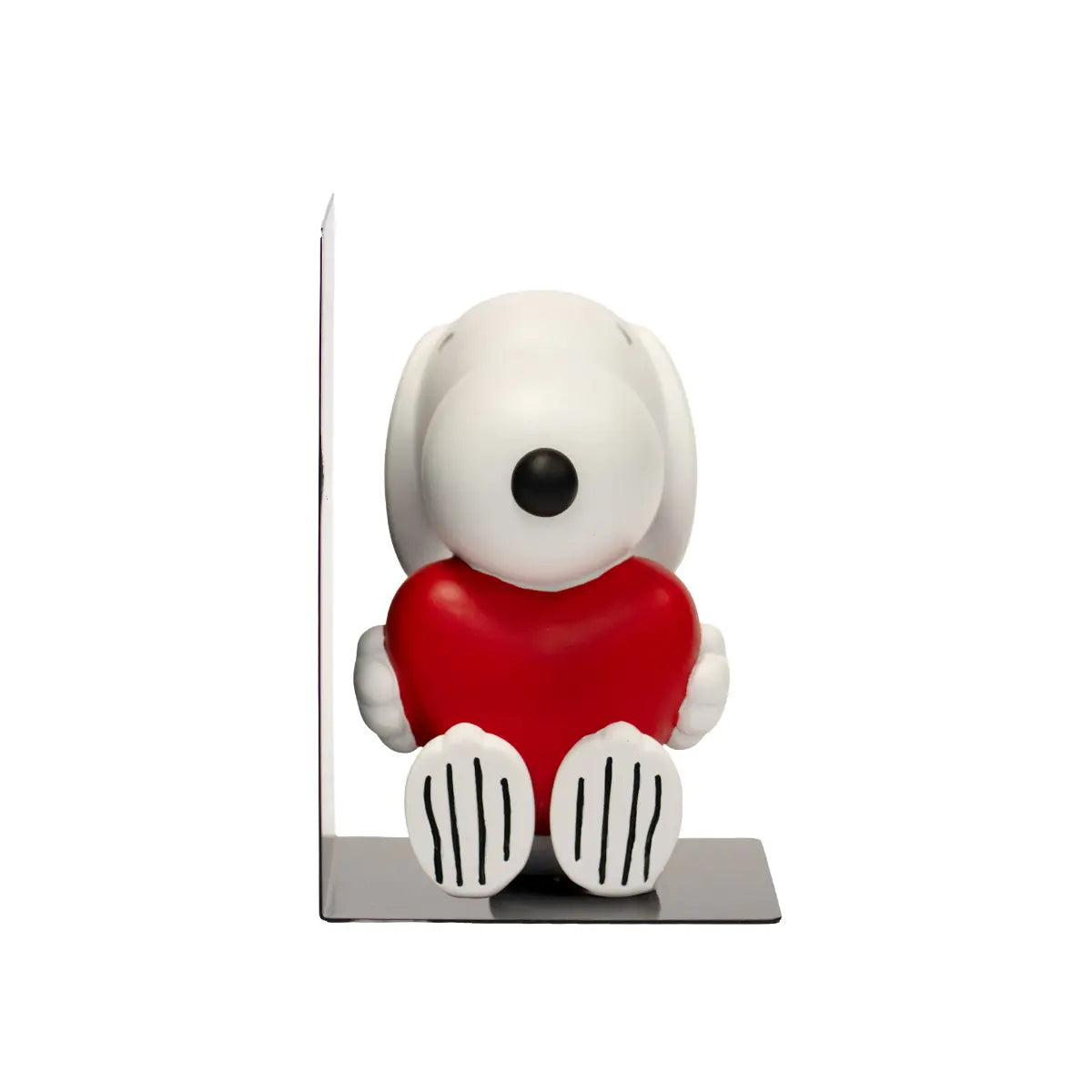 Fermalibri in metallo con Snoopy seduto che abbraccia un cuore rosso 