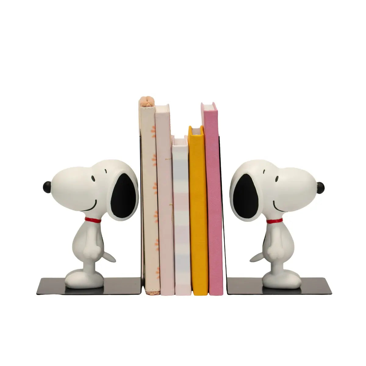 Coppia di fermalibri con Snoopy in piedi in resina e base di metallo