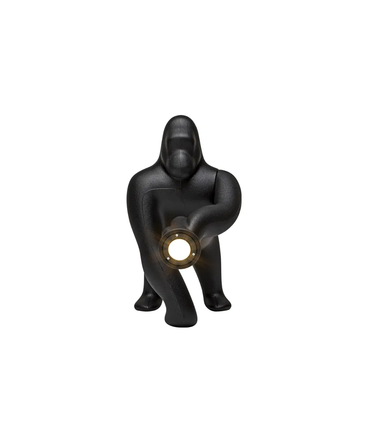Lampada a forma di King Kong nera. Un braccio regolabile con in fondo la luce. Sfondo bianco
