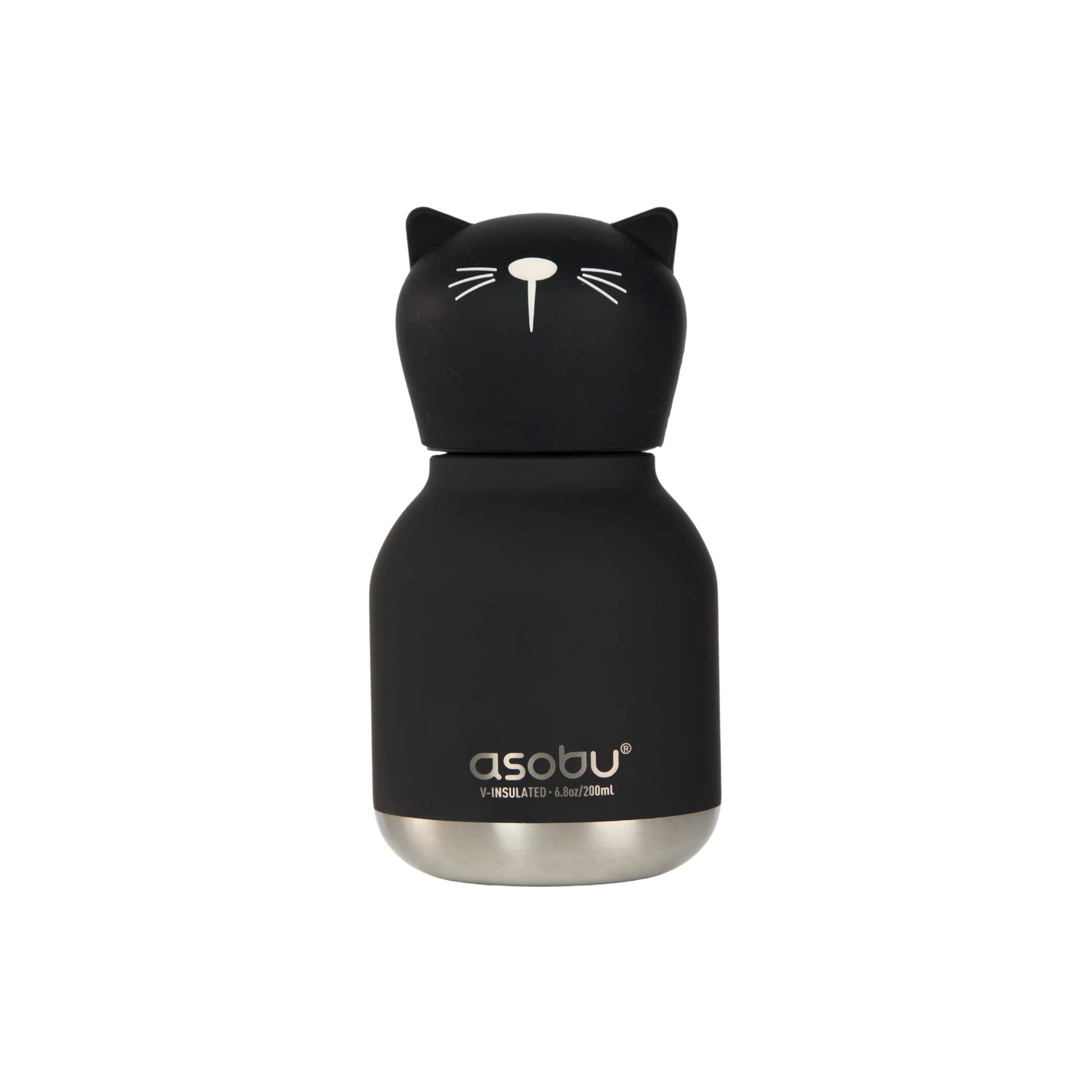 Mini borraccia termica con tappo decorativo a forma di gatto intercambiabile, con cannuccia interna