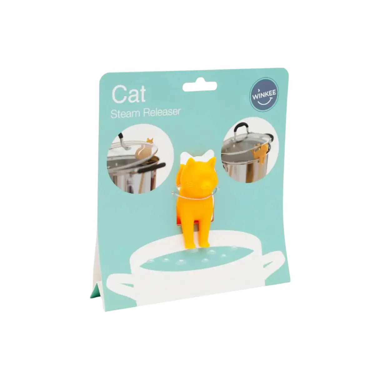 Gatto giallo, oggetto di design per la tua cucina. Sorregge il coperchio e il mestolo da cucina.