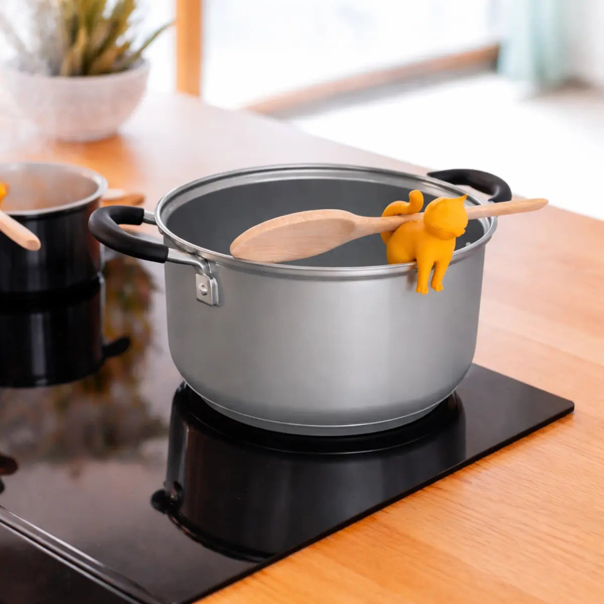 Gatto che sorregge il mestolo da cucina.