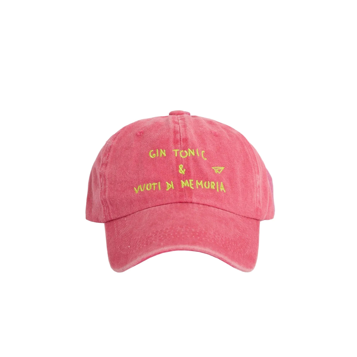 Cappellino Linea Daria fucsia con la scritta gin tonic e vuoti di memoria in verde acido