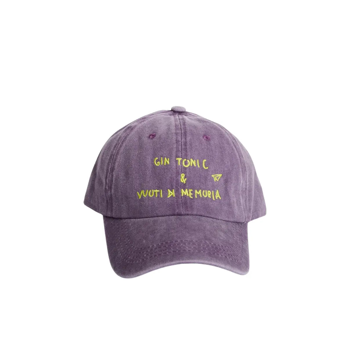 Cappellino Linea Daria color melanzana con la scritta gin tonic e vuoti di memoria 