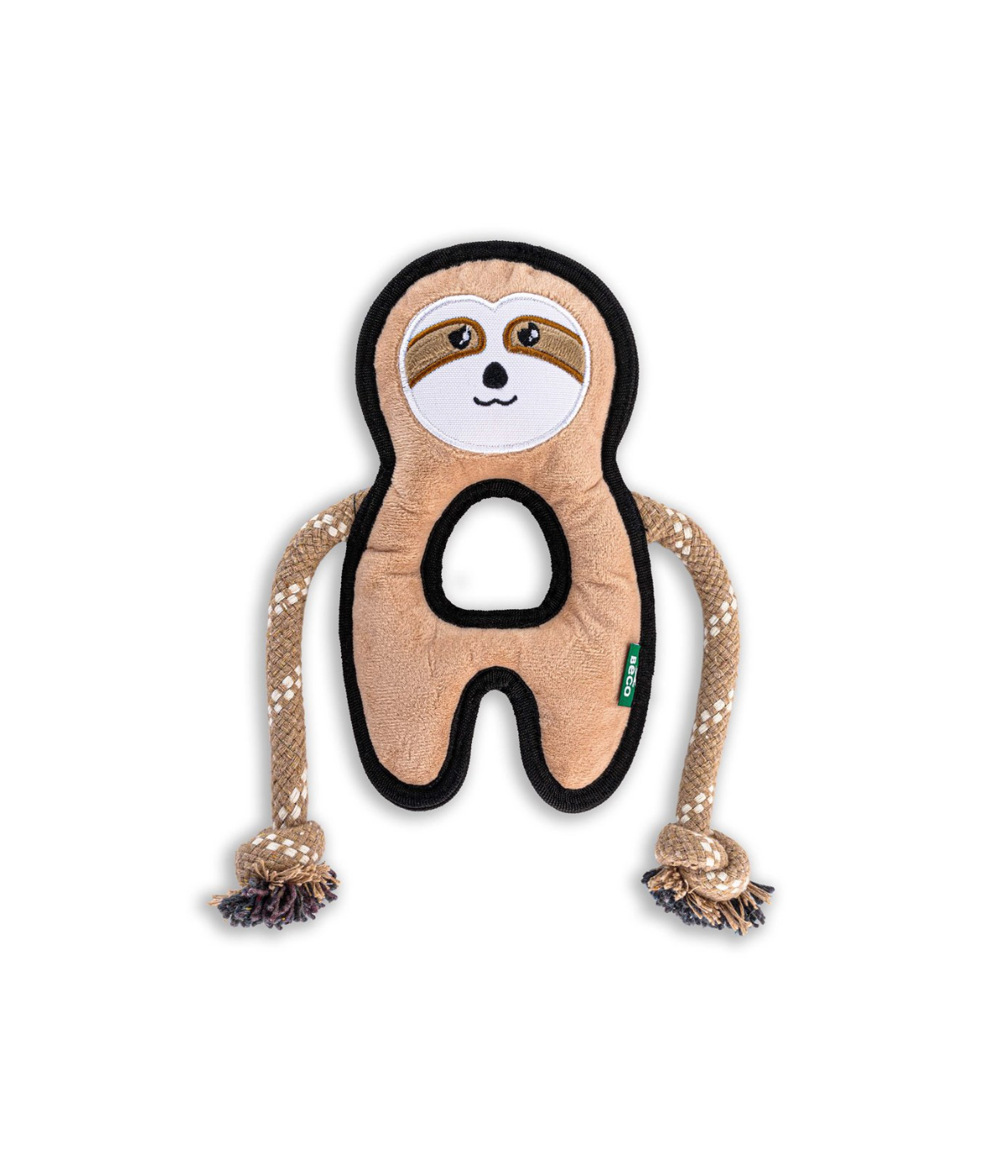 Gioco per cani a forma di bradipo con inserti in corda di cotone. Sfondo bianco