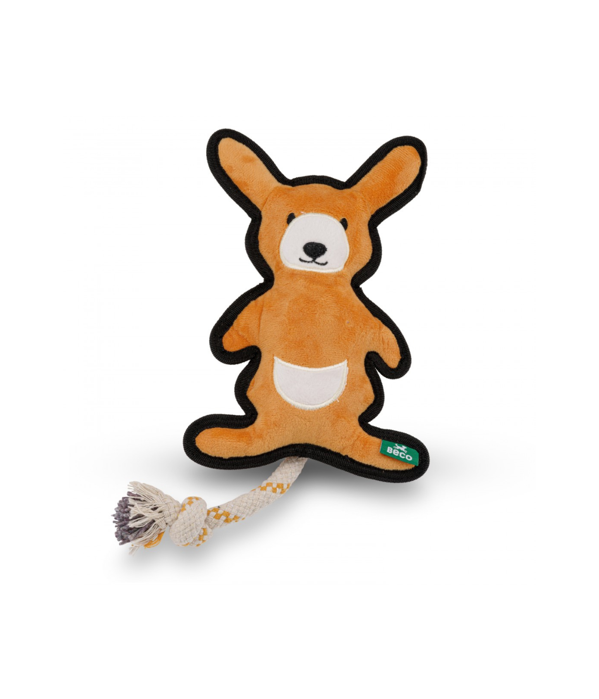 Gioco per cani a forma di canguro con inserti in corda di cotone. Sfondo bianco