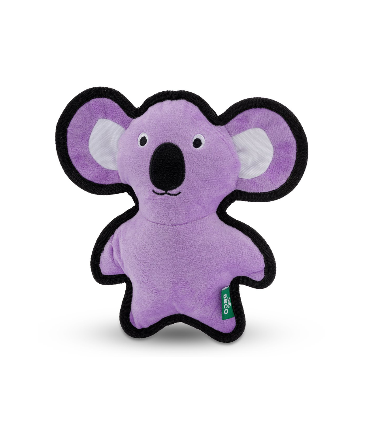 Gioco per cani a forma di koala di colore viola con le cuciture nere rinforzate. Sfondo bianco