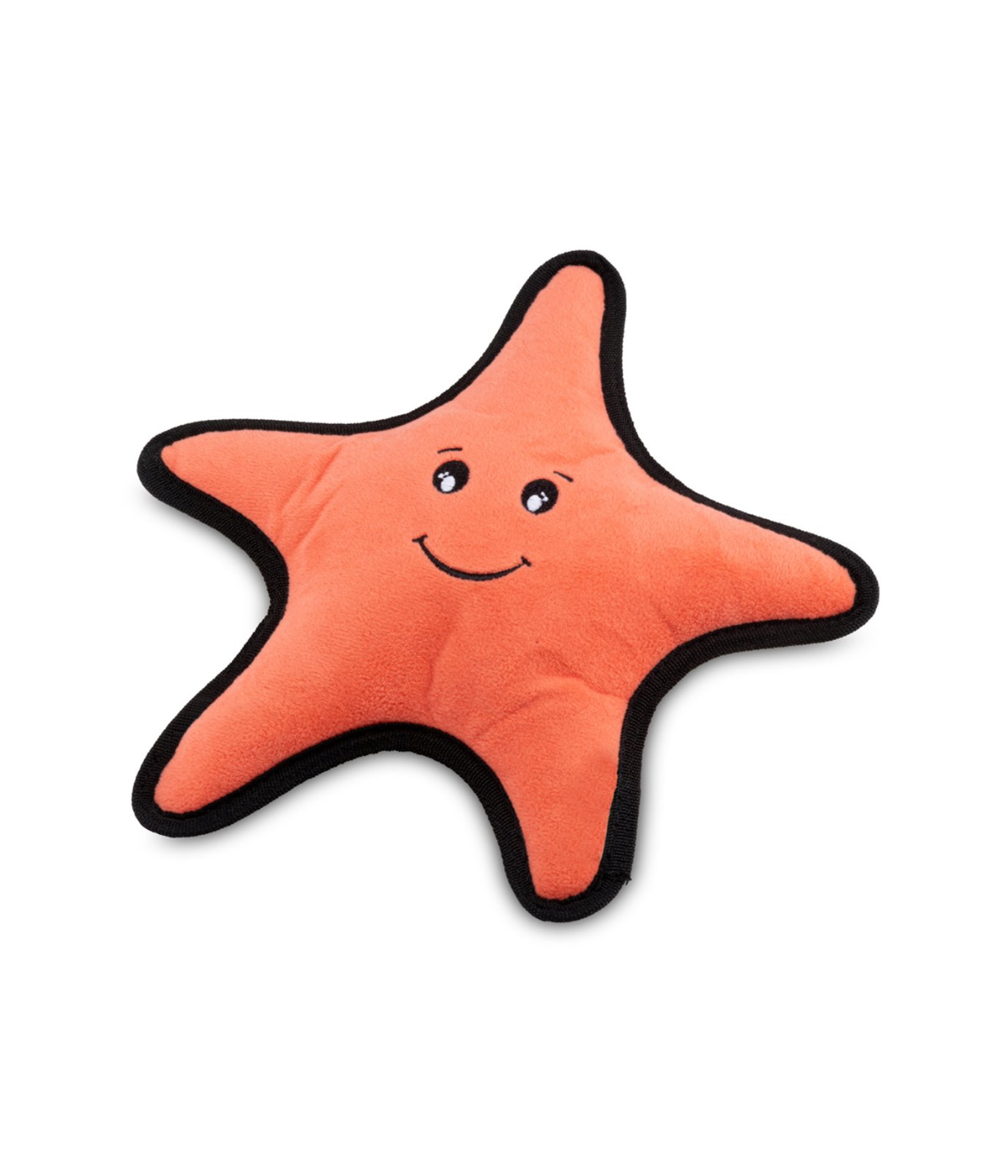 Gioco per cani a forma di stella marina color arancione con le cuciture nere. Sfondo bianco