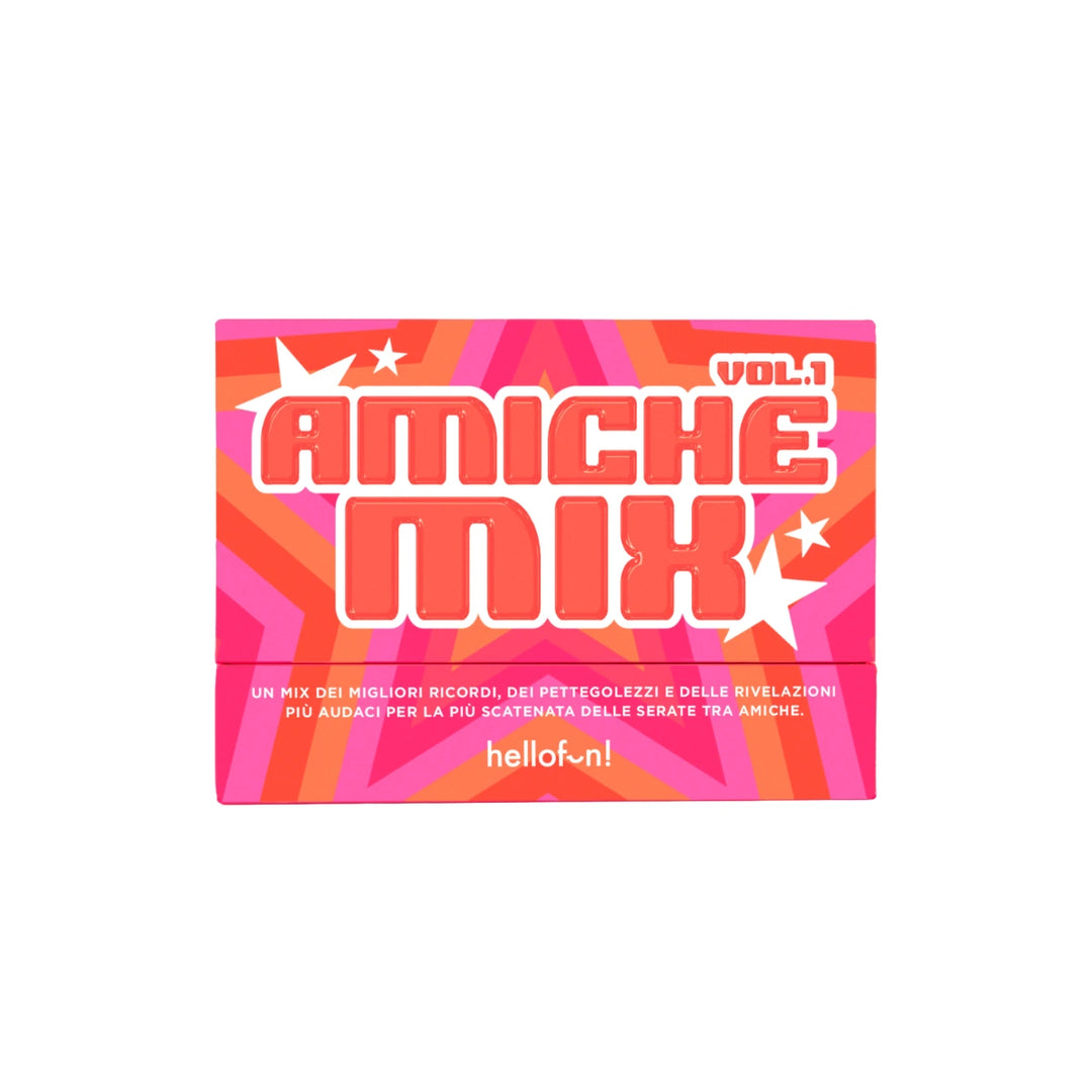 Gioco da tavolo con scatola fuxia, scritta Amiche mix. Marca Hellofun. 