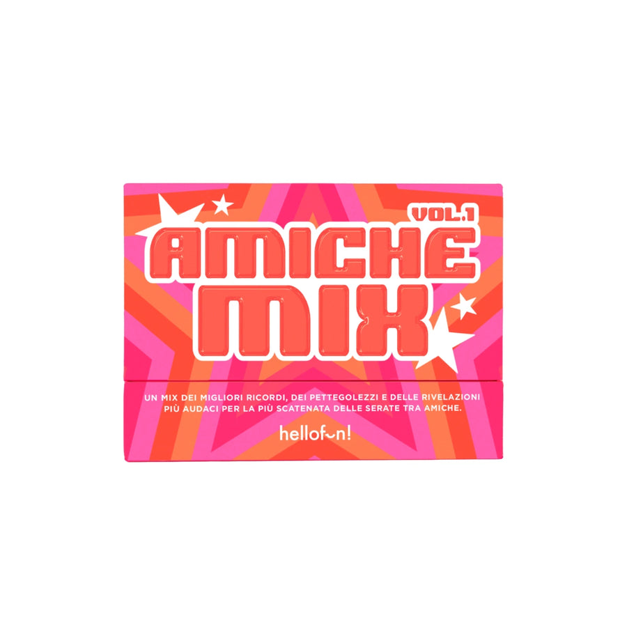 Gioco da tavolo con scatola fuxia, scritta Amiche mix. Marca Hellofun. 