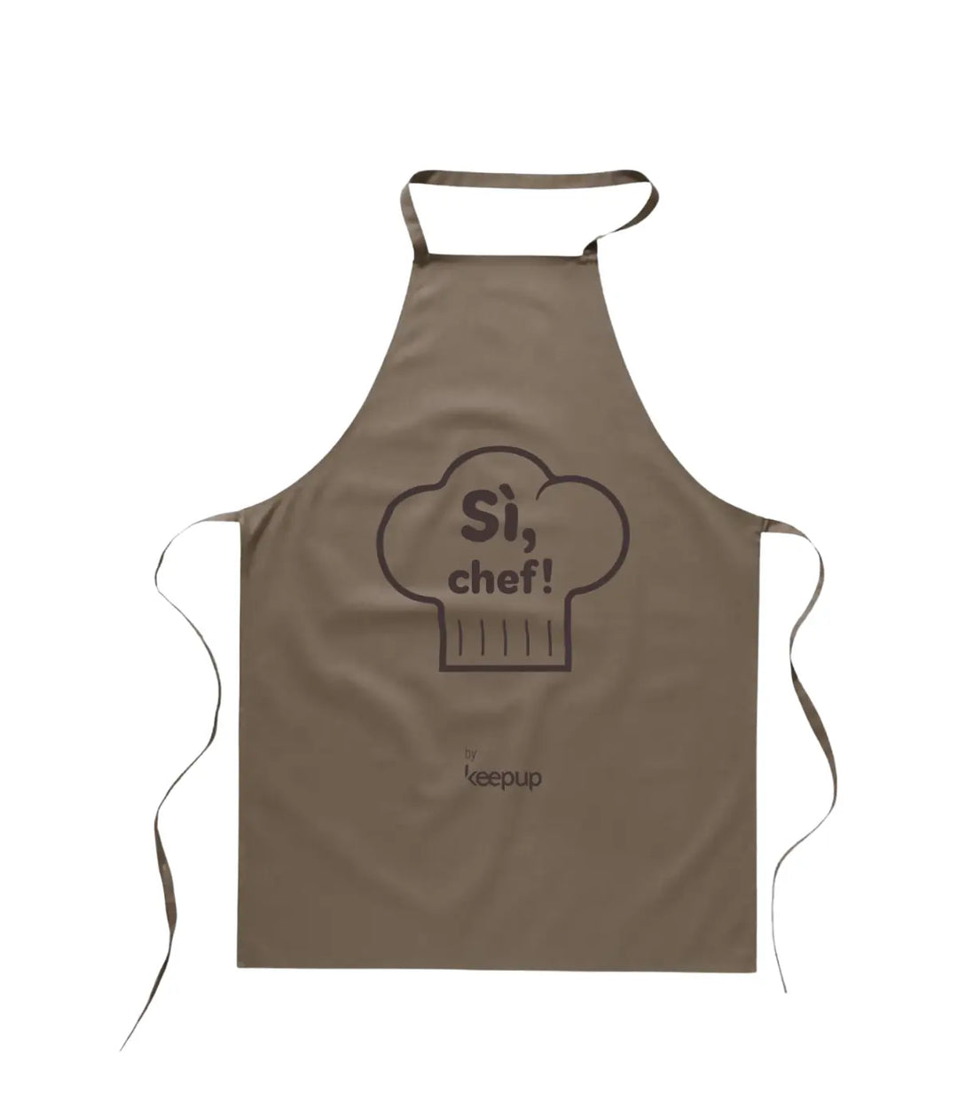 Grembiule da cucina marrone, disegno cappello da chef. Scritta Sì Chef e Keepup. Sfondo bianco.
