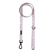 Guinzaglio in tessuto viola con fiori bianchi. Moschettoni e hardware in metallo nero. Sfondo bianco
