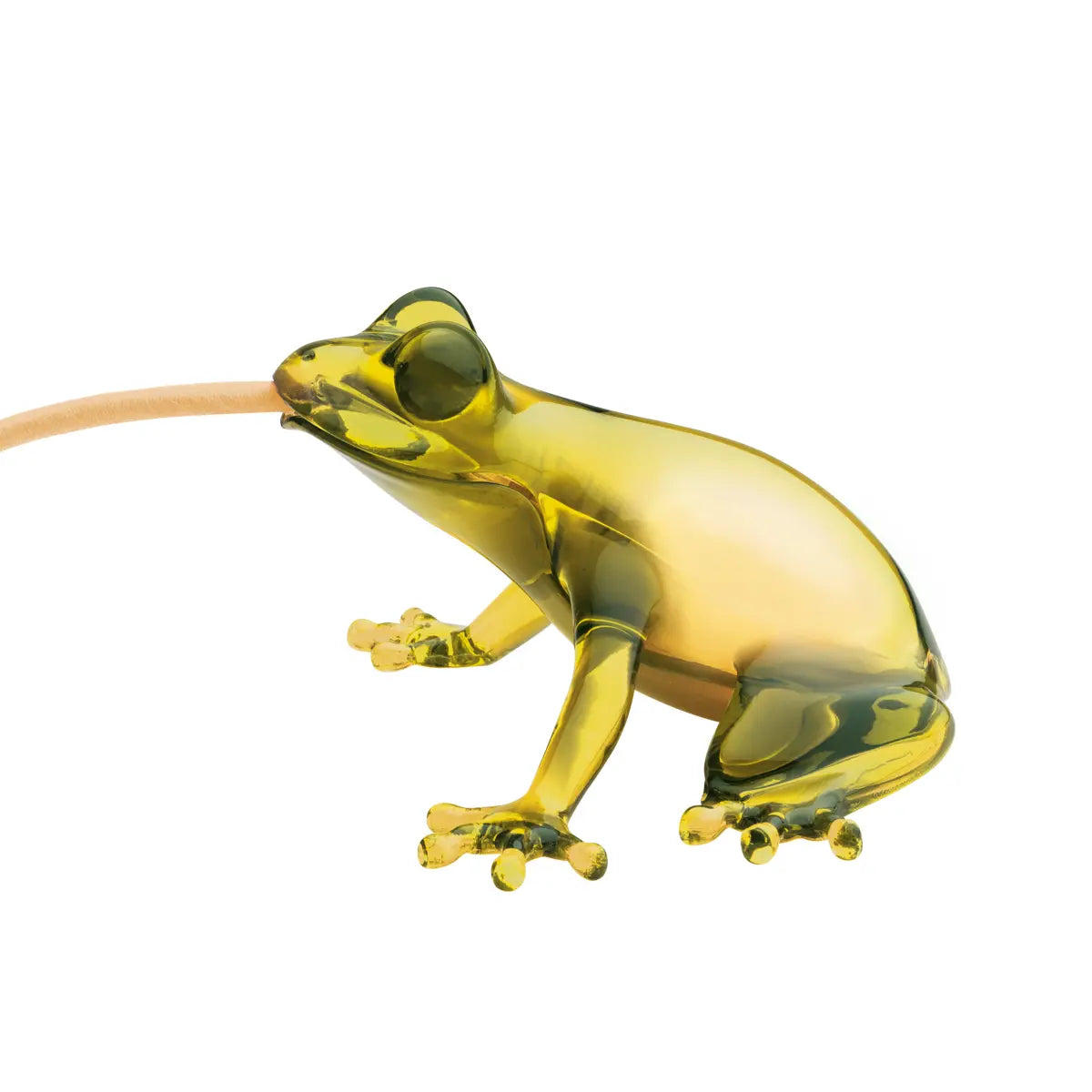 Lampada da tavolo o da parete gialla a forma di rana con cavo giallo vista di profilo