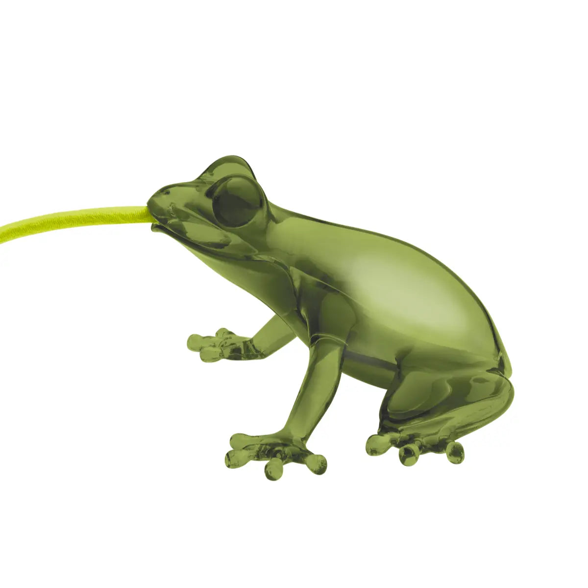 Lampada da tavolo o da parete verde a forma di rana con cavo verde vista di profilo