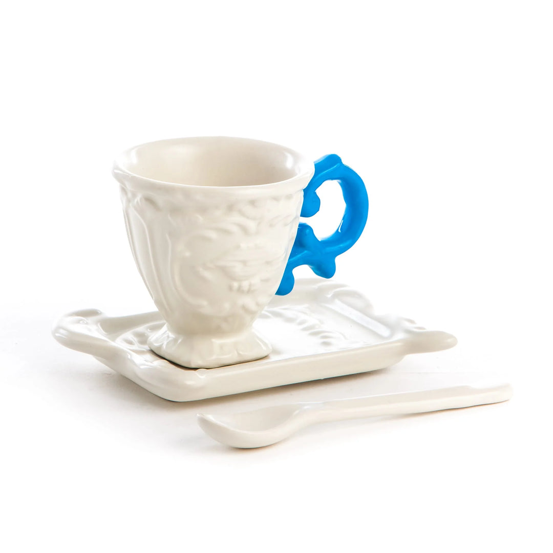 Set da caffè I-Wares di Seletti nella versione con il manico azzurro
