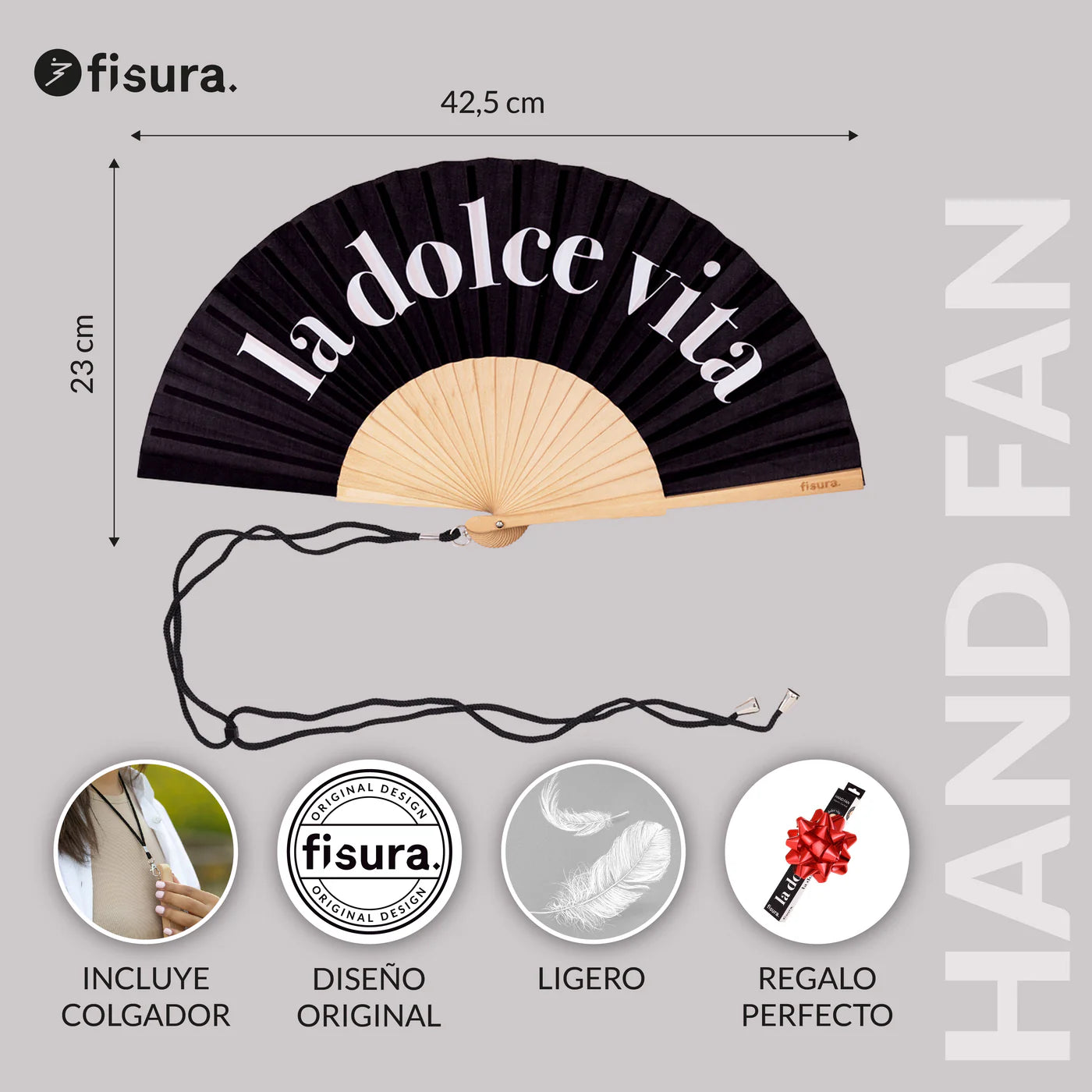 Foto e misure e informazioni ventaglio la dolce vita nero. Sfondo grigio scritta Fisura