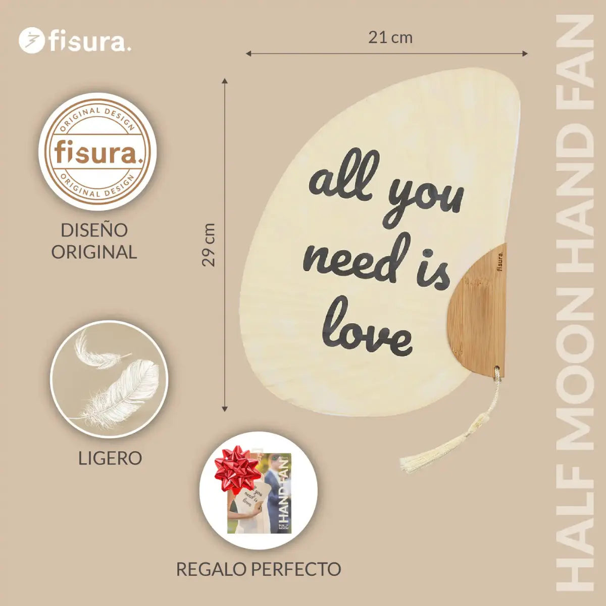 Foto e misure Ventaglio rosa a mezzaluna. Scritta nera all you need is love. Sfondo beige