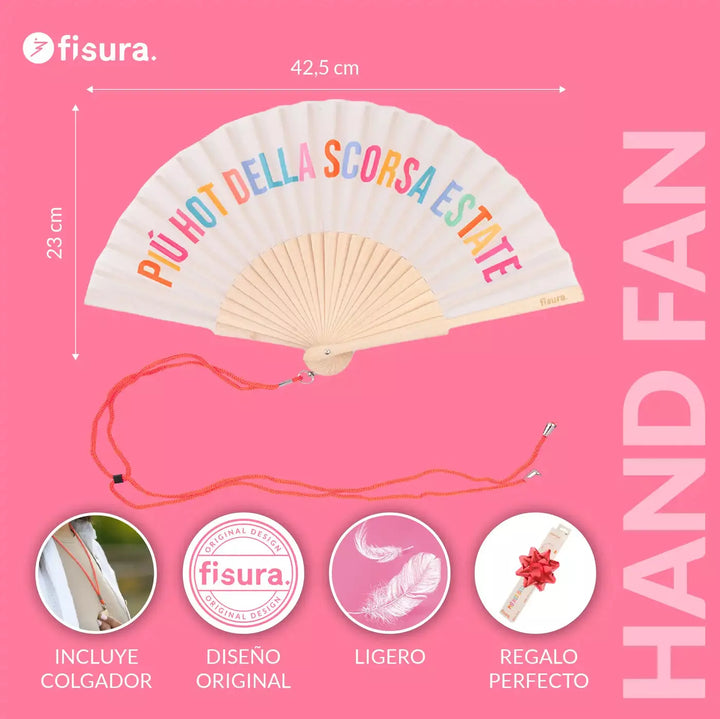 Foto e misure e informazioni ventaglio più hot della scorsa estate. Sfondo rosa scritta Fisura