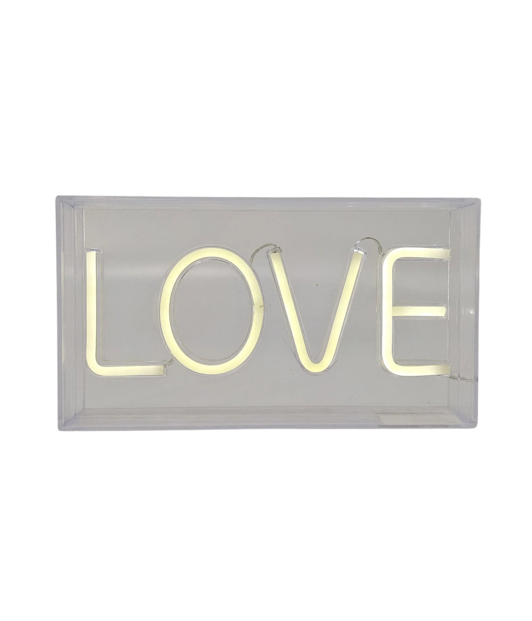 Un insegna trasparente con all'interno scritta love fatta con i Led. Immagine su sfondo bianco