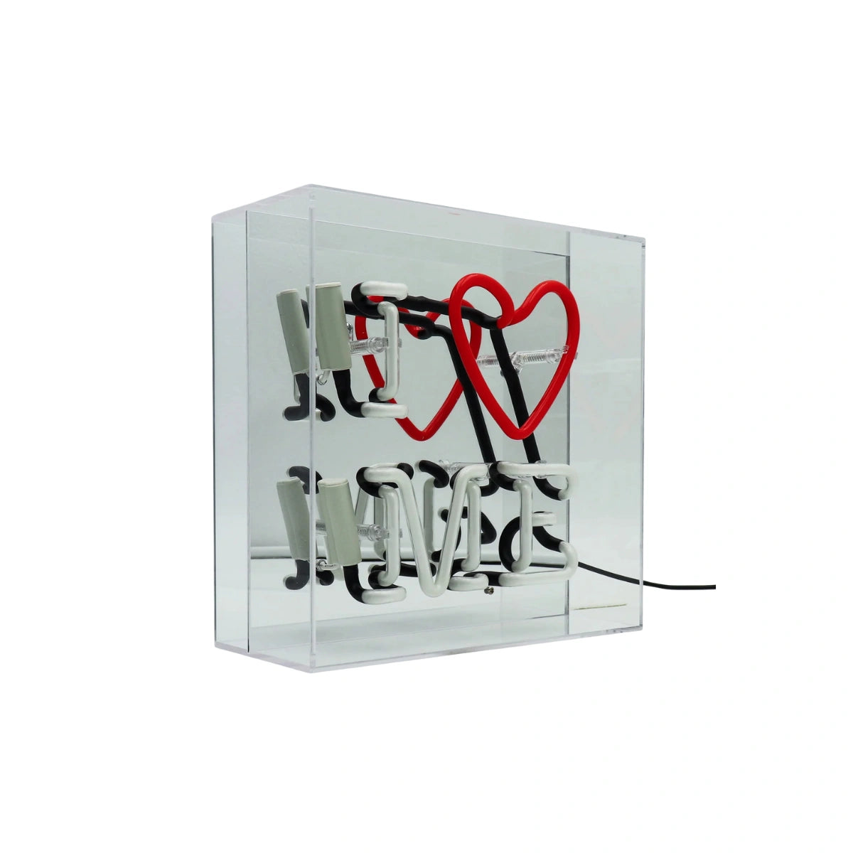 insegna neon i love me bianca e rossa, con specchio, su sfondo bianco, spenta 