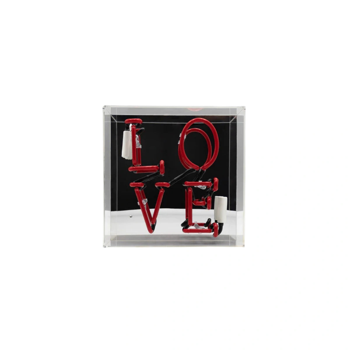 insegna neon love rossa, con specchio, su sfondo bianco, spenta 