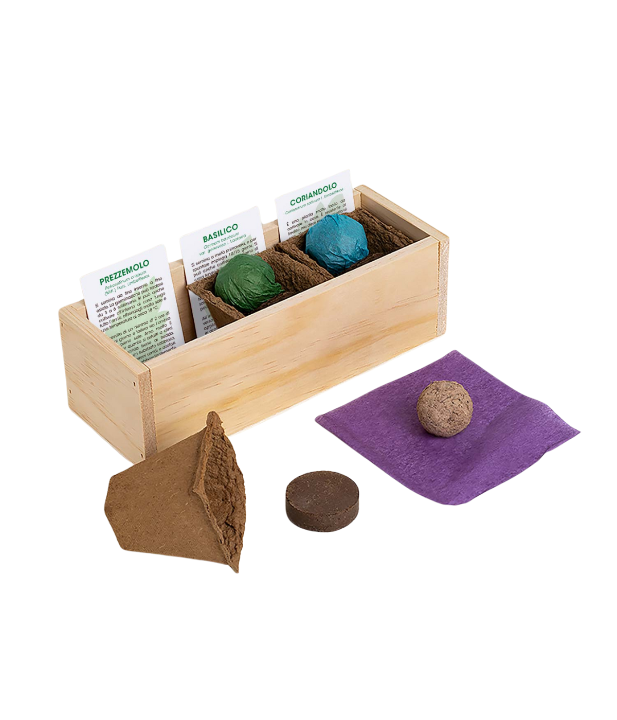 Kit di autocoltivazione, cassetta in legno con all'interno vasi biodegradabili, bombe di semi e schede prodotto