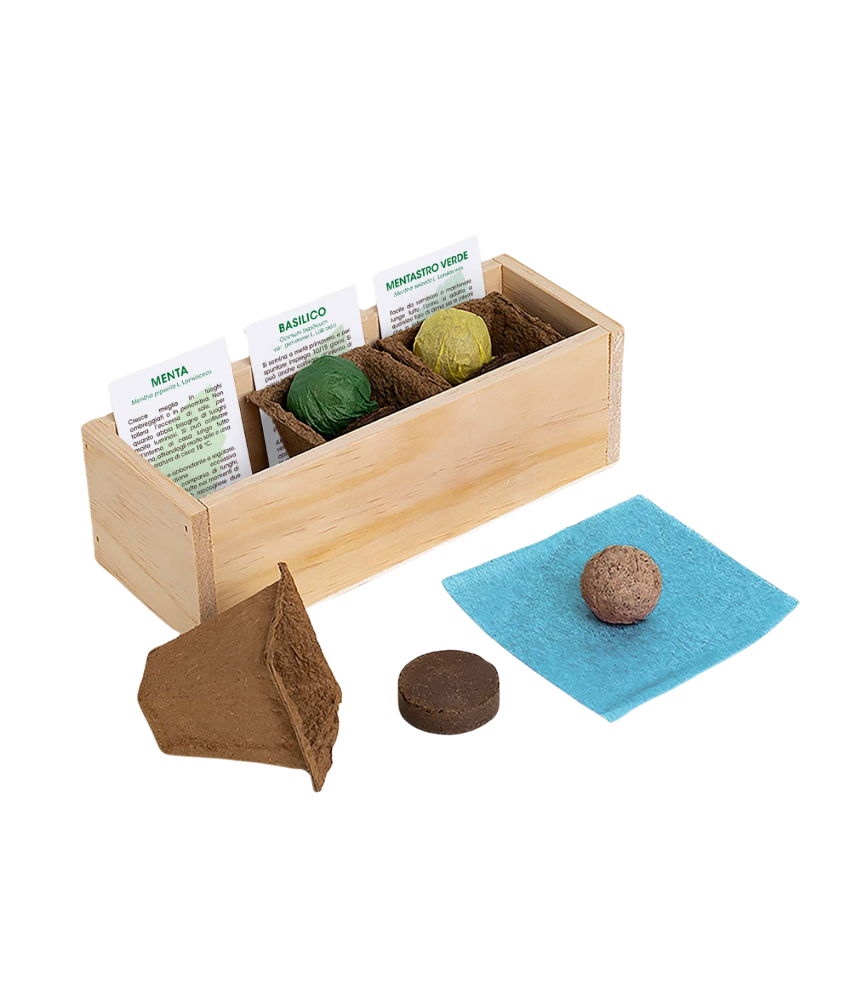 Scatola in legno con tre vasi biodegradabili e tre bombe di semi di menta, basilico e mentastro verde con pastiglia di terreno.