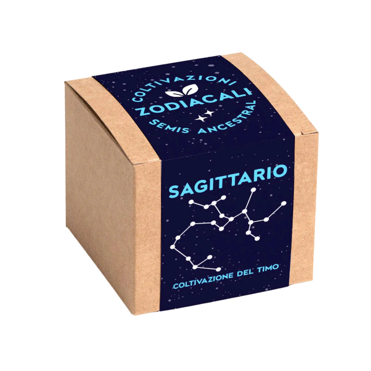 Confezione Kit autocoltivazione con disegno costellazione zodiacale del Sagittario. Sfondo bianco