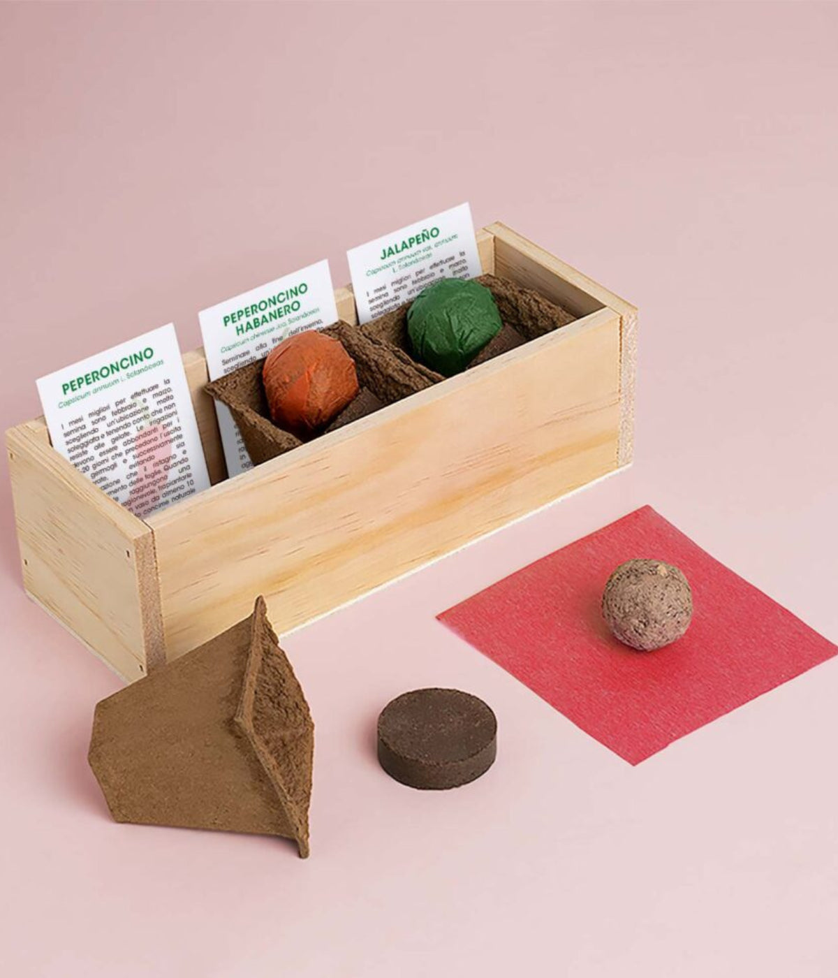 Scatola in legno con all'interno vasi biodegradabili, bombe di semi e schede prodotto. Sfondo bianco