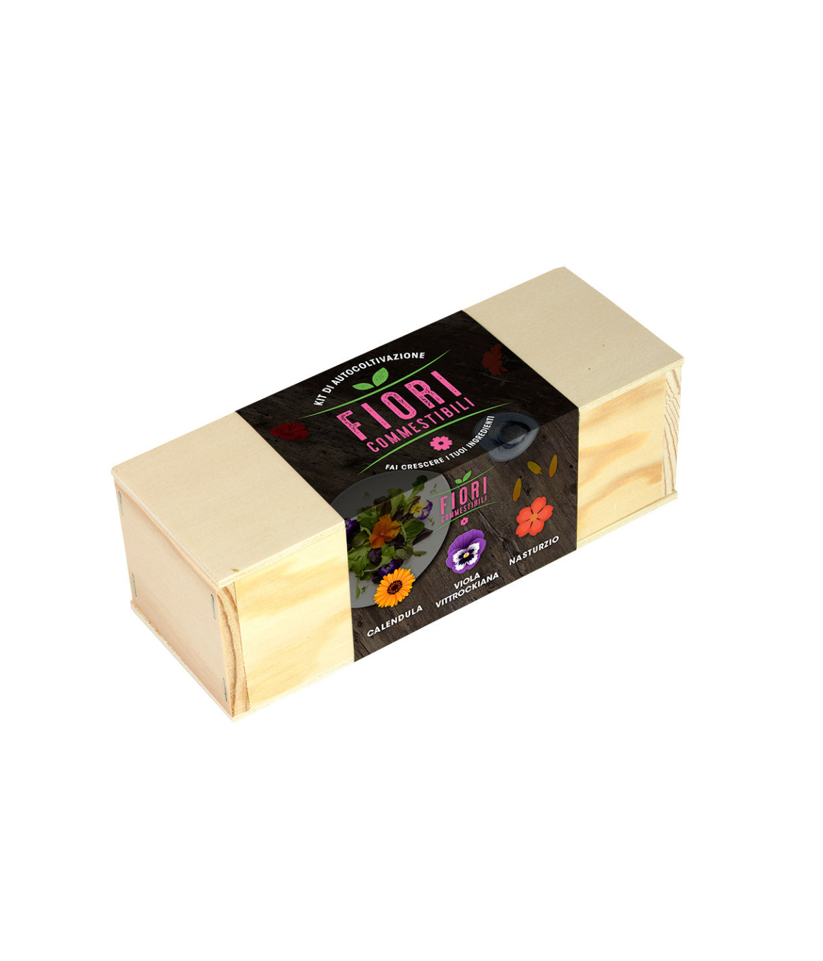 Scatola in legno con scritta Fiori Commestibili e nomi fiori. Sfondo bianco