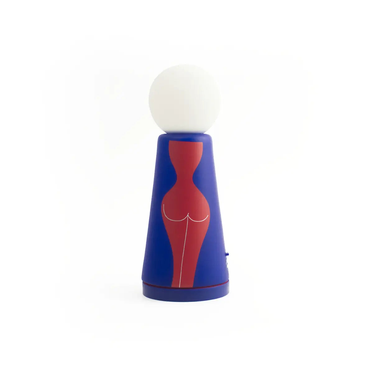 Vista posteriore della lampada da tavolo Eva a forma conica con sfera luminosa. Base blu com figura femminile rossa. Sfondo bianco 